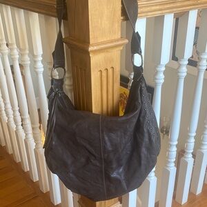 Brown Leather Shoulder Hobo with Stud-Trim Detail